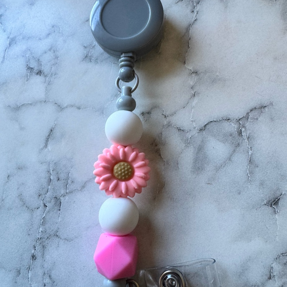 Gray and Pink Flower badge reel